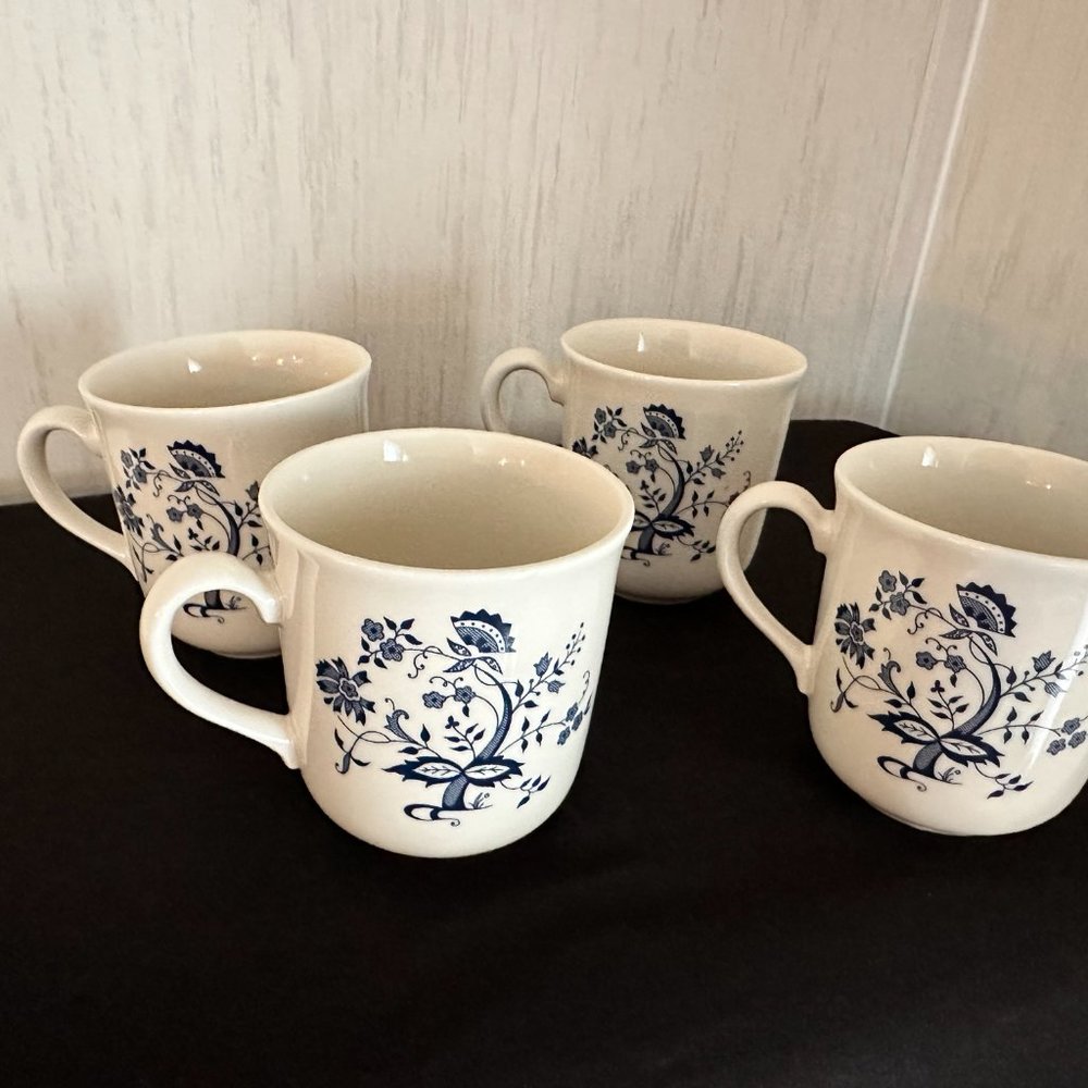 Vintage Corning Cream Blue Floral - 4 mug set  RARE FIND